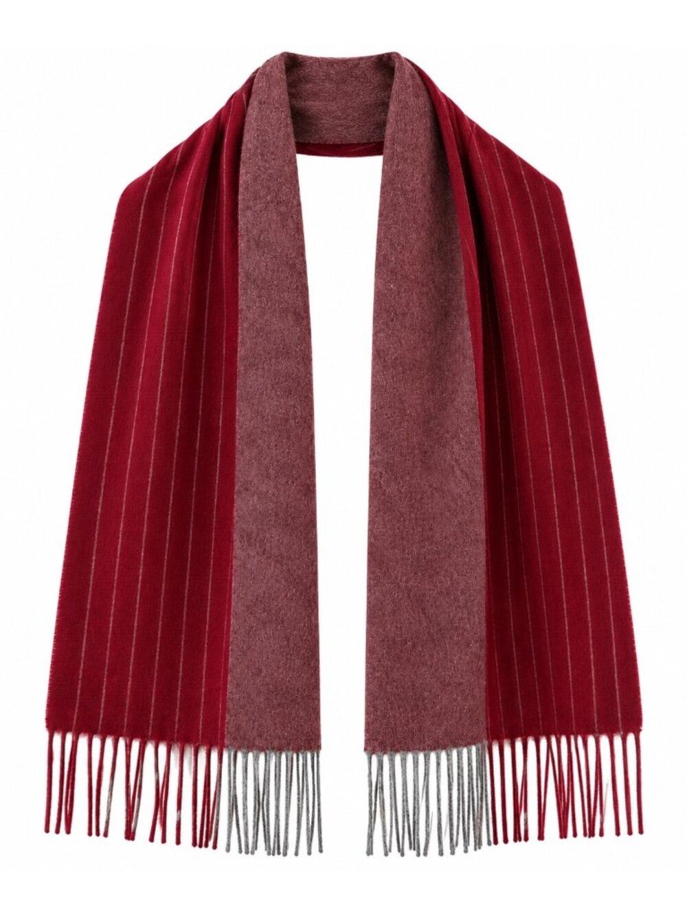 Red & Burgundy Striped Lambswool Scarf With Fringe Edges - 100% Pure Wool - Unis